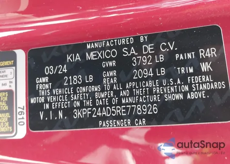 2024 Kia Forte Lxs from USA, damaged, VIN 3KPF24AD5RE778926